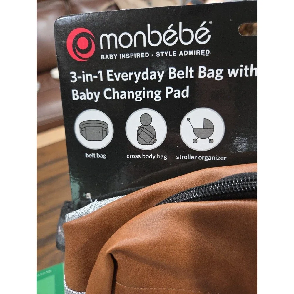 Monbebe 3 in 1 Everyday Belt bag with Changing Pad Grey & Brown Design NEW B18